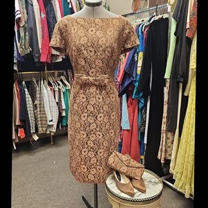 1950s Hand Made Lace Brown Dress With Matching Shoes Clutch Jacket And Belt